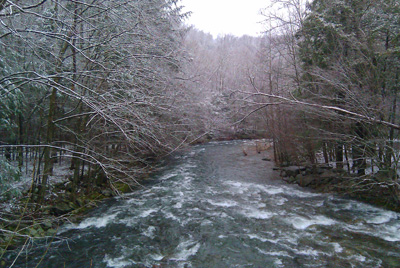 A dusting of snow along the Little River at Elkmont