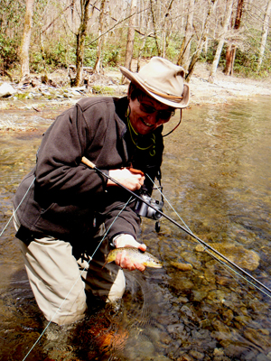 Glenda Gibson with a brown trout Glenda caught this nice wild brown trout on a dry fly on Little River